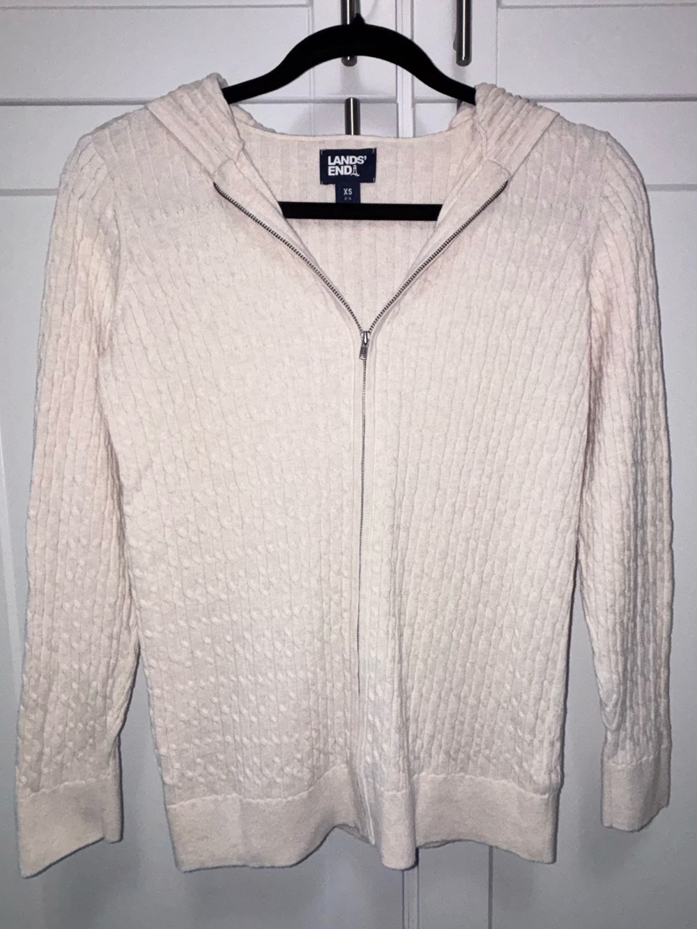 Lands' End 100% Cotton XS Cream Cable Knit Zip Hoodie Classic Style Mediumweight